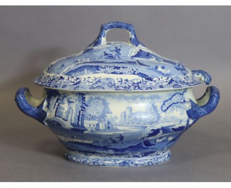 An early 19th century Spode blue transfer ‘Italian’ pattern oval two-handled soup tureen &amp; cover, 14” wide (the cover wit