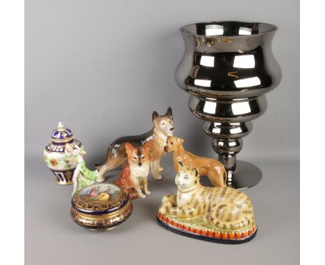 A collection of assorted ceramics to include hand painted lidded powder bowl, Noritake, Melba Ware dog, etc.