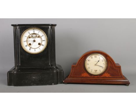 An electric GEC mahogany inlaid mantel clock, together with an antique French black slate mantel clock by A. Brocot &amp; Del