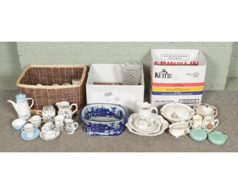 Three boxes of mixed ceramic and glassware, including vases, tea sets, dinnerware, plates and more, with examples from Myott 