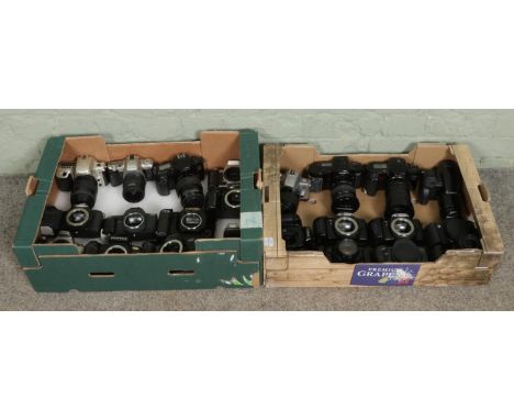 Two boxes of twenty-three 35mm autofocus SLR cameras, mainly from the late 1990s to early 2000s, including Canon EOS 300V wit