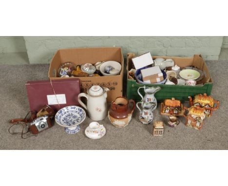 Two boxes of miscellaneous to include Doulton Lambeth stoneware jug, Royal Crown Derby Derby Posies, Agfa Silette Pronto came
