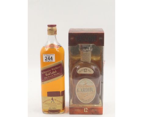 White and Mackay 1.0 litre whisky. Johnnie Walker Red Label 1.0 litre whisky and a Chardhu 12 year old 75cl bottle. UK P&amp;