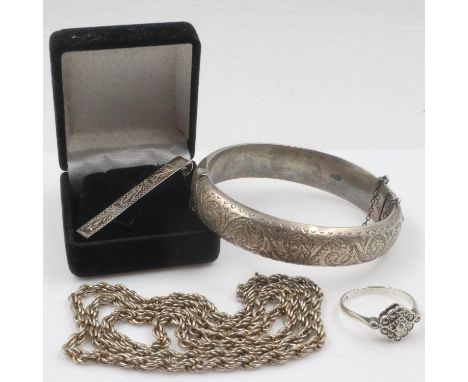 Silver marcasite set ring, neck chain, bangle and tie clip. UK P&amp;P Group 1 (£16+VAT for the first lot and £2+VAT for subs