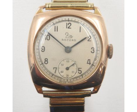 RECORD: gents 9ct gold cased wristwatch on a gold plated expanding bracelet, not working at lotting. UK P&amp;P Group 1 (£16+