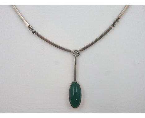 Sterling silver Danish necklace of twelve linked bars with silver pendant set with oval green stone, by N E From. UK P&amp;P 