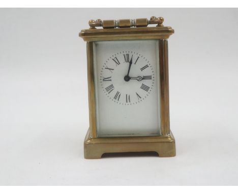 French brass carriage clock, maker R&amp;C Paris, H: 11cm. Not available for in-house P&amp;P