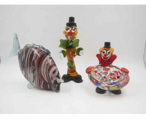 Two Murano clowns and a large fish. Not available for in-house P&amp;P 