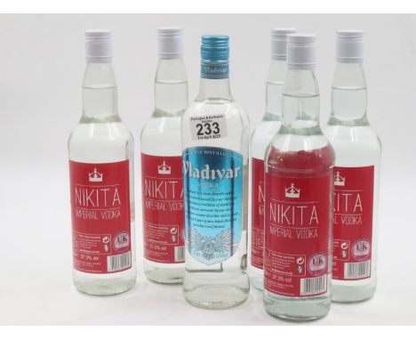 Five Nikita and one Vladivar 70cl bottles of vodka. Not available for in-house P&amp;P 