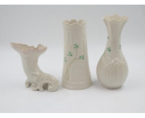 Three boxed Belleek vases, largest H: 24 cm. Not available for in-house P&amp;P
