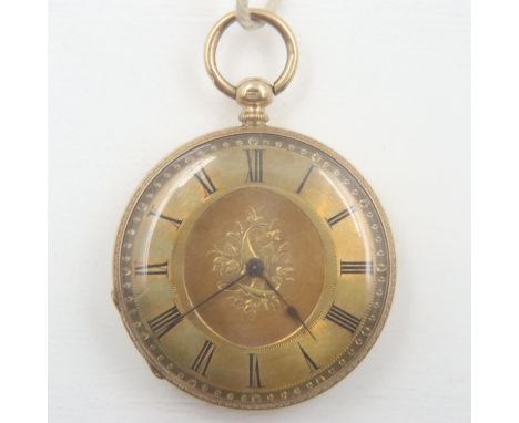 18ct gold ladies fob watch with gold face and key, ticks then stops, total 31.8g, case D: 25 mm, back plate base metal. UK P&