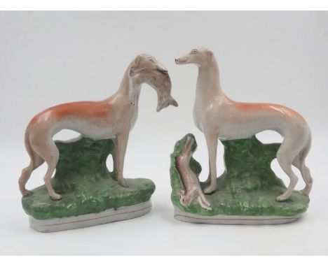 Pair of 19th century Staffordshire hunting dogs, each H: 28 cm. UK P&amp;P Group 3 (£30+VAT for the first lot and £8+VAT for 