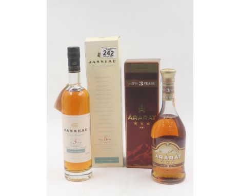 Cased bottle of Ararat 3 year old Armenian brandy 50cl and a 50cl bottle of Janneau armagnac. UK P&amp;P Group 2 (£20+VAT for