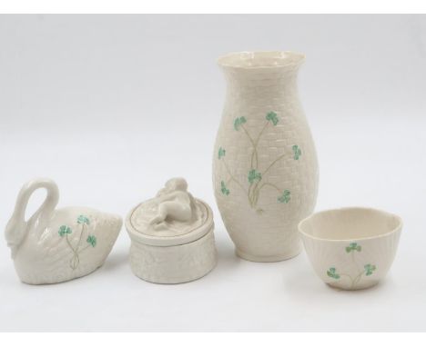 Collection of four boxed Belleek items including a Shamrock harp and harp sugar bowl. UK P&amp;P Group 3 (£30+VAT for the fir