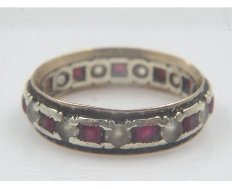 Yellow and white metal ruby and white stone eternity ring, size L, 2.7g. UK P&amp;P Group 0 (£6+VAT for the first lot and £1+