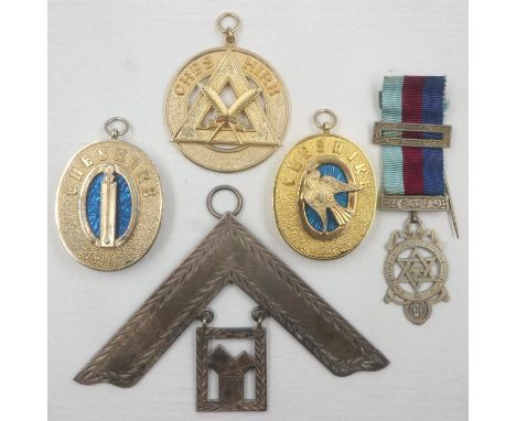 Hallmarked silver Past Master's collar jewel, with further Cheshire Provincial Rank collar jewels and a Royal Arch silver bre