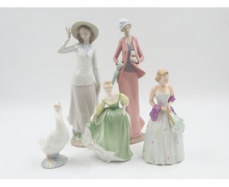 Five ceramic figurines including Lladro and a Nao goose. UK P&amp;P Group 3 (£30+VAT for the first lot and £8+VAT for subsequ