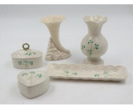 Collection of five boxed Belleek items included vases and a tray. Not available for in-house P&amp;P 