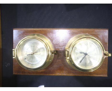 Garrard &amp; Co brass clock and thermometer/barometer on a mahogany base. Not available for in-house P&amp;P 