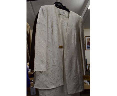 LADIES HARRODS FRANK USHER WHITE DRESS AND SKIRT, TOGETHER WITH A FULL LENGTH BRONZE FINISH COAT