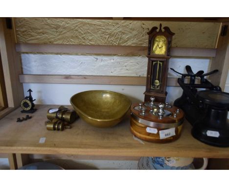 MIXED LOT COMPRISING KITCHEN SCALES WITH WEIGHTS, AND A MINIATURE GRANDFATHER CLOCK