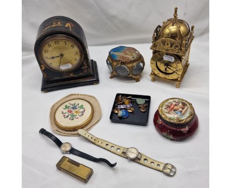 COLLECTION OF INTERESTING ITEMS, TRINKET BOX, 2 VINTAGE LADIES WATCHES, DUNHILL LIGHTER &amp; 2 CLOCKS