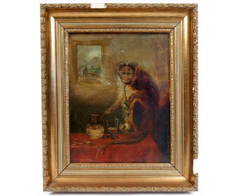 An oil on canvas, monkey with shisha pipe and stoneware flagon, inscribed Stephenson to reverse, 10ins x 7.5ins