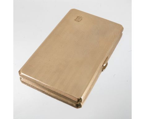 A 9ct gold cigarette case, with engine turned decoration and engraved with initials, weight 210g Condition report: The case i