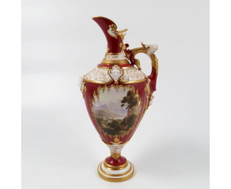 A Royal Worcester ewer, decorated with a burgundy ground body with a finely gilded reserve Mediterranean panel, shaped number