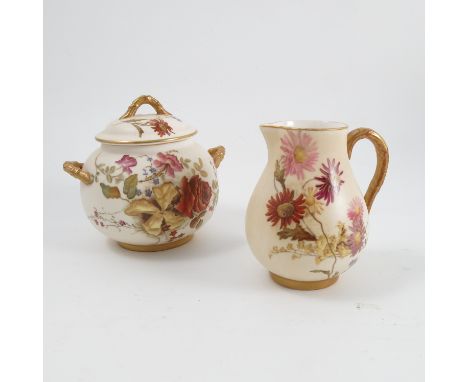 A Royal Worcester blush ivory covered sugar box, of spherical form, 1892, height 4ins, together with a blush ivory milk jug, 