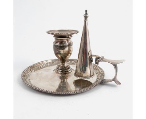 A silver chamber stick and snuffer, the border being beaded and decorated with harebells, Sheffield 1897, maker probably Jame