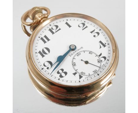 Dennison, a 9 carat gold open faced pocket watch, Birmingham 1947, white enamel dial, blued steel hands, Arabic numerals and 
