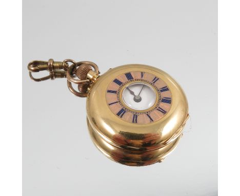 A half hunter cased fob watch, stamped '18K' and Swiss control mark, the cover with enamel chapter ring, the monogrammed case
