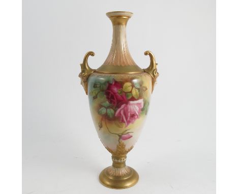 A Royal Worcester vase, decorated with roses by F Harper 1919, with mask handles, height 10.25ins Condition report: Lacks cov