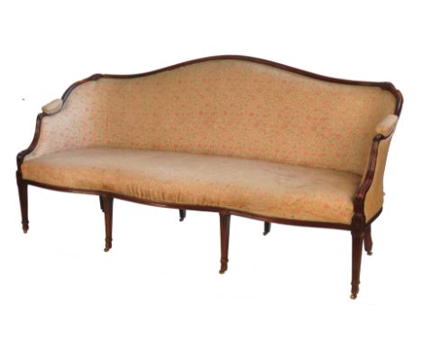 A 19th century sofa, of double serpentine outline, exposed wooden frame with rosette carved roundels, width 80ins