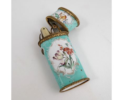 An 18th/19th century Bilston enamel etui, the pale green ground decorated with reserves of flowers and white scrolls, fitted 