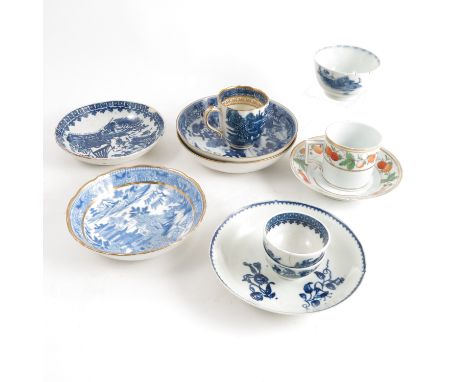 A quantity of late 18th and early 19th century English tea bowls, saucers and coffee cans, decorated predominantly in under g