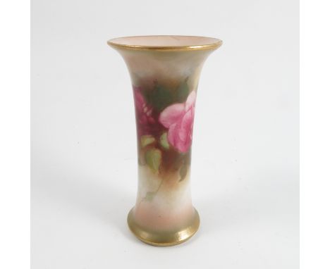 A Royal Worcester spill vase, shape number G923, 1934, decorated with roses by Millie Hunt, height 6ins Condition report: Con