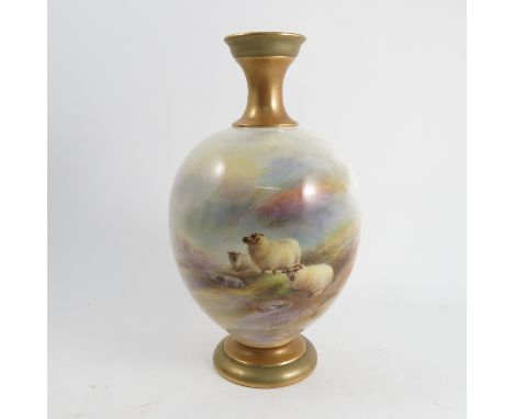 A Royal Worcester bulbous body vase, decorated with sheep in a rocky mountain landscape, with small vignette to the reverse, 