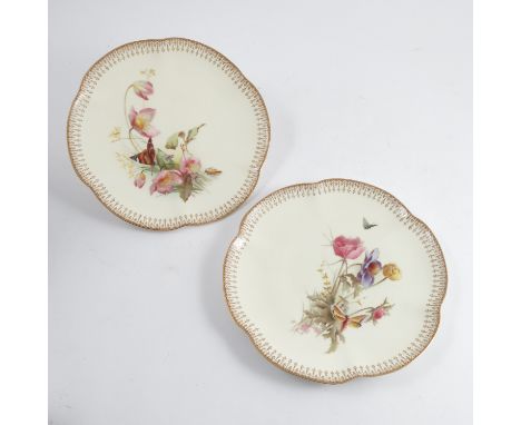 A pair of Royal Worcester plates, decorated with butterflies and field flowers, monogrammed by Edward Raby, diameter 8.5ins C
