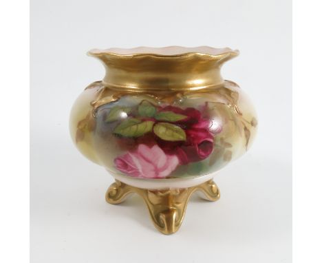 A Royal Worcester vase, having quarter lobed body, decorated with roses, 1914, height 3ins Condition report: Condition commen
