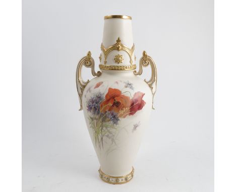 A 19th century Royal Worcester vase, decorated with field flowers by Edward Raby, to a gilt ivory ground, height 12.5ins   Co