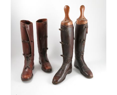 A pair of brown leather riding boots, with three buckle fastenings to the leg and laces to the foot, with wooden trees, toget