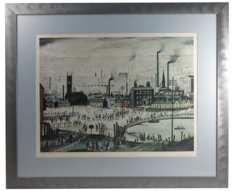 A signed limited edition L E Lowry print, of an industrial town, with Renoir Gallery invoice and label to the reverse, 18ins 