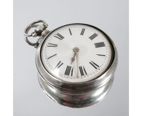 A 19th century silver cased pair case pocket watch, the fusee movement engraved Mary Ann Baker 1921, with white enamel dial a