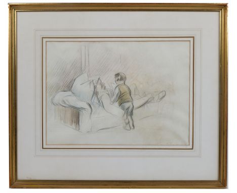 J L Forain, pencil sketch, boy at the bed of his father, bearing Piccadilly gallery label to reverse, 10ins x 14ins