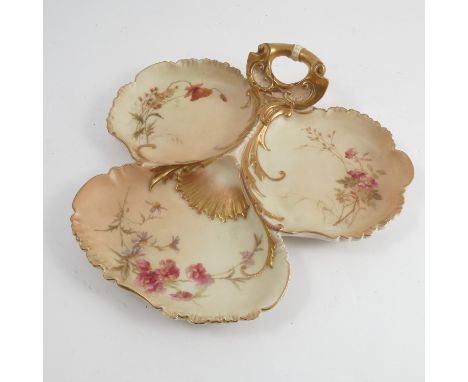 A Royal Worcester blush ivory triple hors d'oeuvre dish, decorated with flowers by Edward Raby, signed with three monogrammes