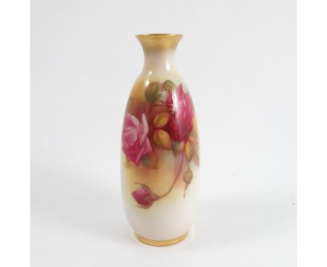 A Royal Worcester vase, having club shaped body, decorated with roses by Millie Hunt, shape number 2191, circa 1938, height 5