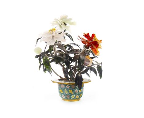 20TH CENTURY CHINESE HARDSTONE TREE, with large flower heads, in floral decorated enamel tub, 35cm high