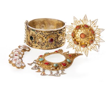 EASTERN BANGLE, along with a silver gilt pendant (indistinct mark to appendage), another pendant and five enamel buttons